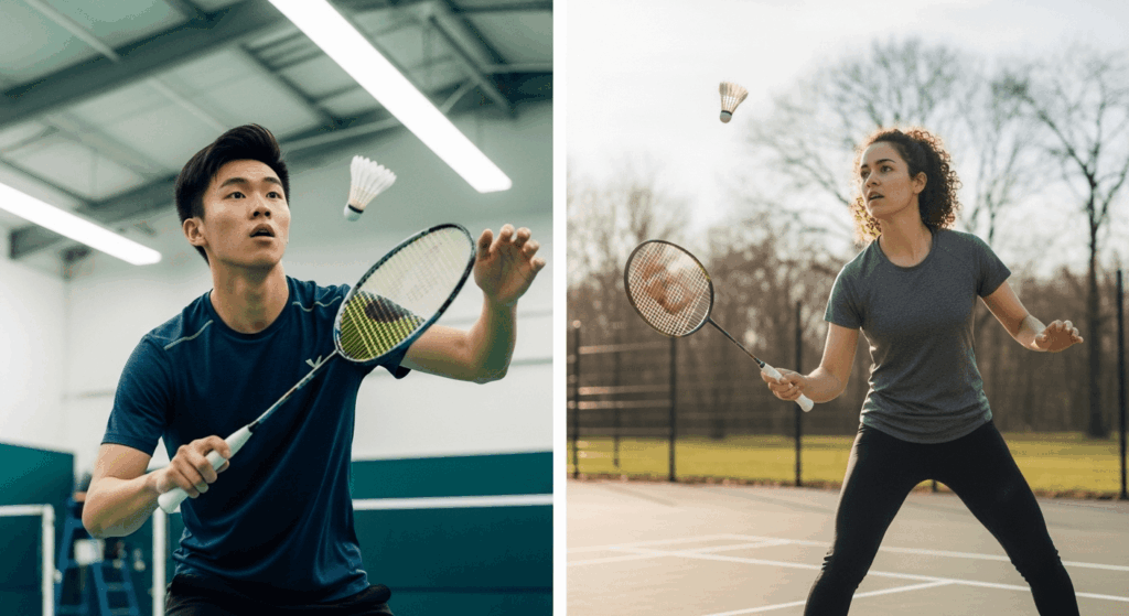 one playing indoors with a feather shuttlecock another outdoors with a nylon shuttlecock