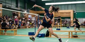 badminton player hitting shuttlecock during intense match